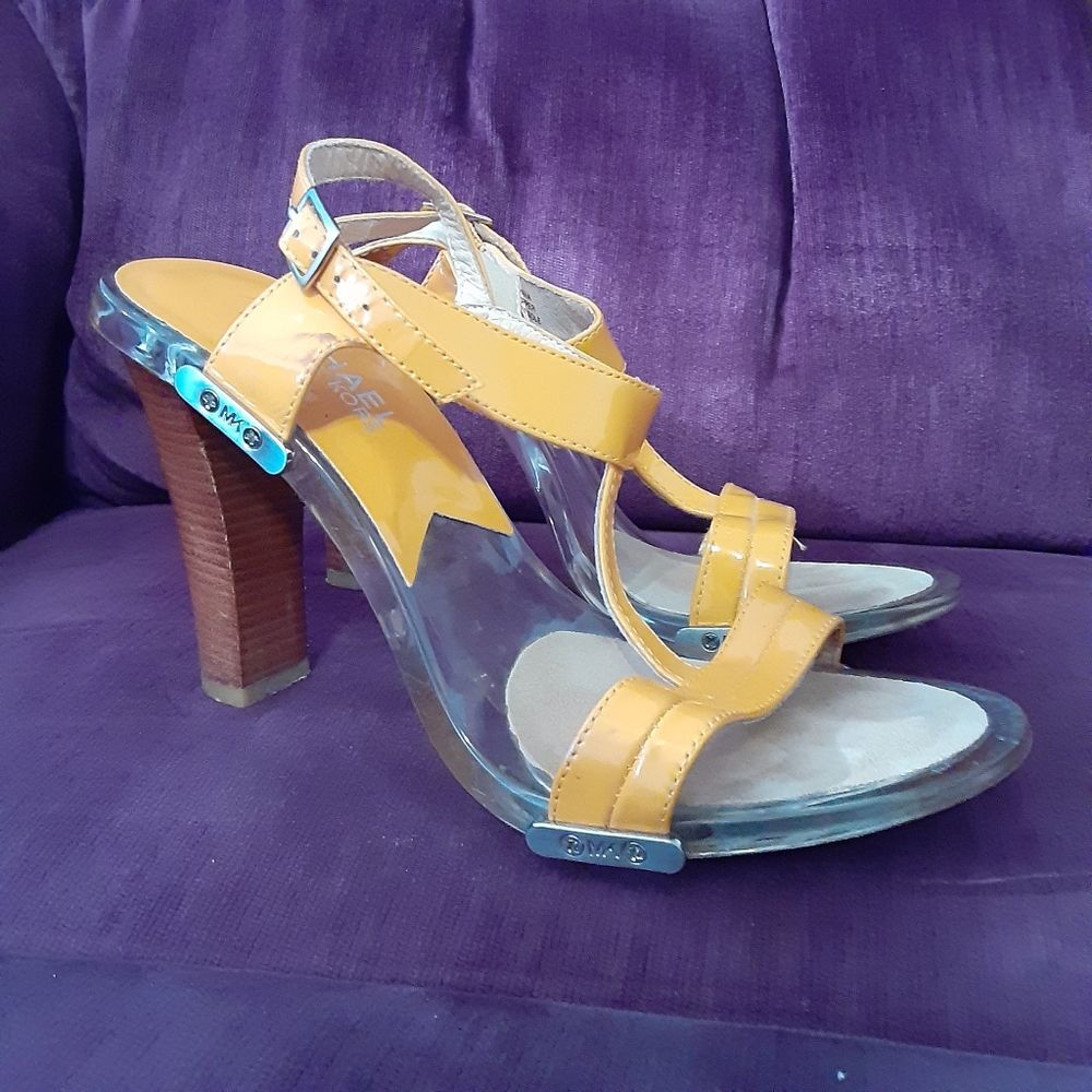 Michael Kors Orange Vinyl Clear Wood Heels Size 6